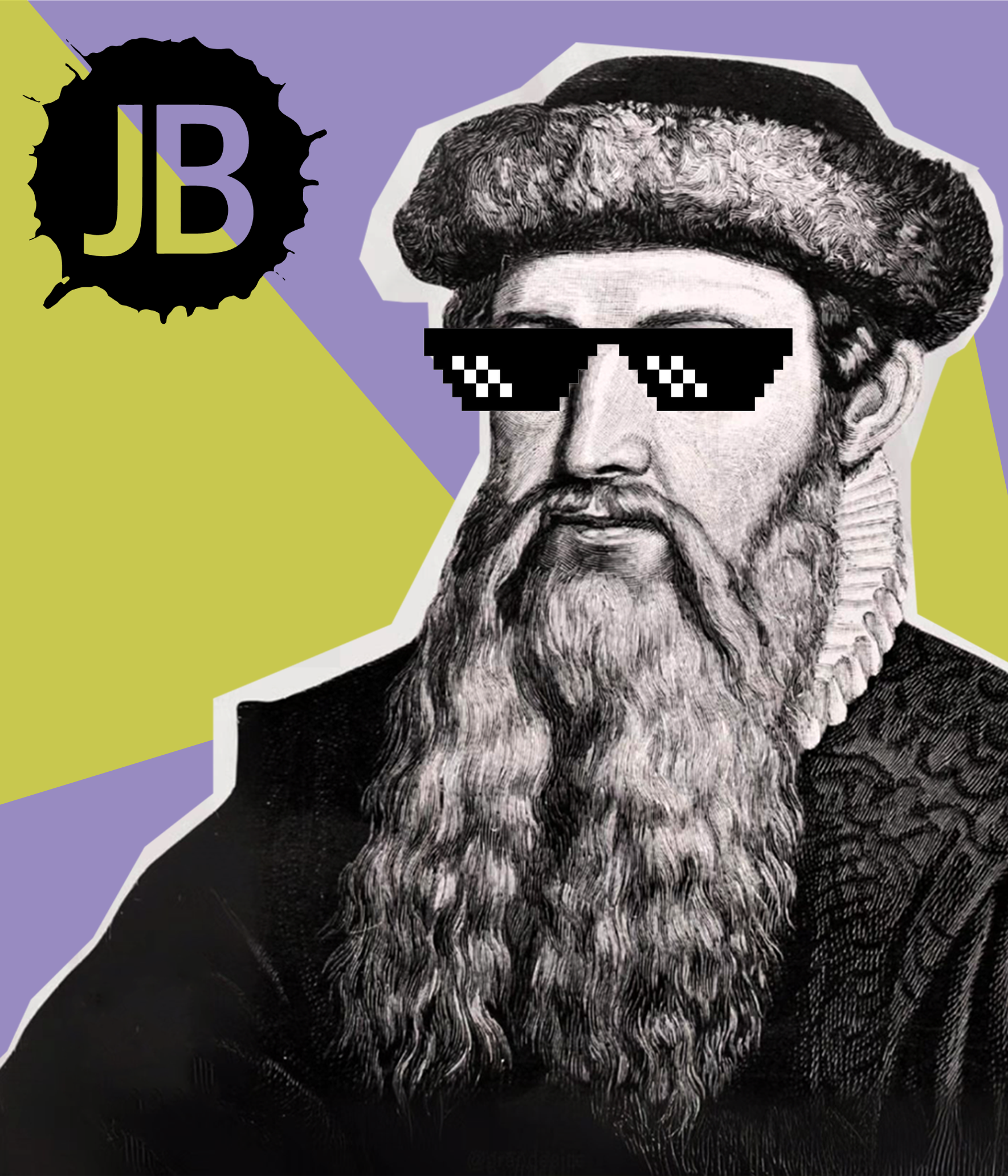 Stylized portrait of Johannes Gutenberg wearing pixel sunglasses for the Gutenberg Printing landing page